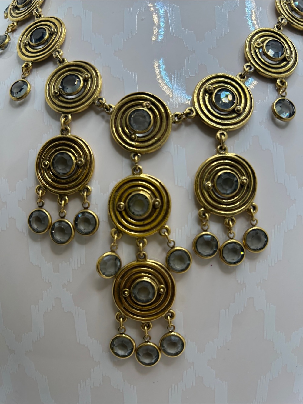 Vintage Goldette Gold Circular Disc Bib Necklace with Clear Crystal Drops - Picture 3 of 13